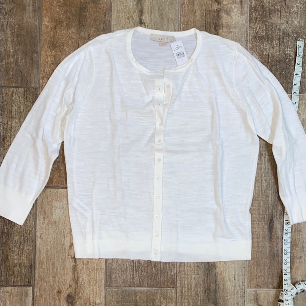 Loft, white lightweight button up three-quarter sleeve cardigan